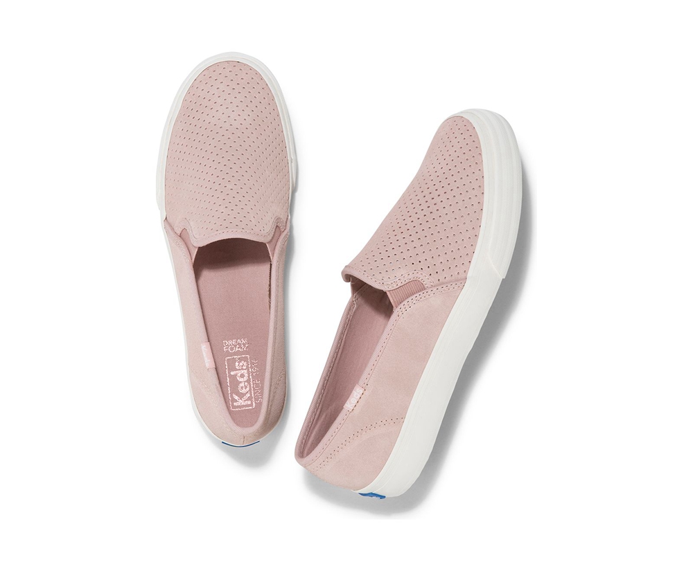 Keds Slip Ons Pink - Double Decker Perf Suede - Womens KCFBZN-526